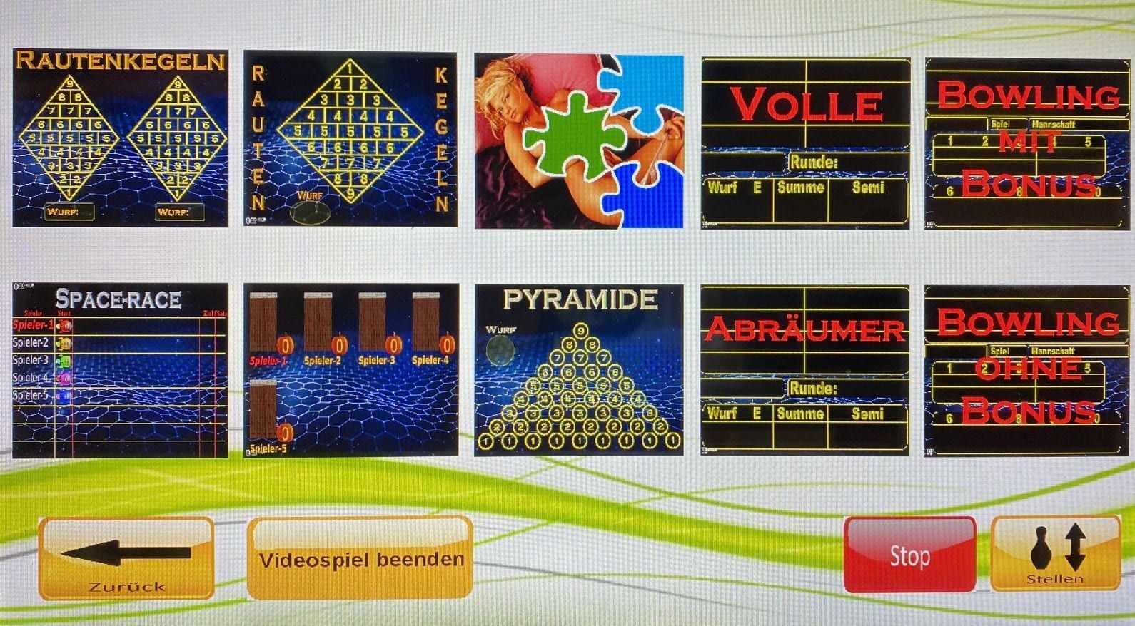Auswahl der Spiele im Touchdisplay