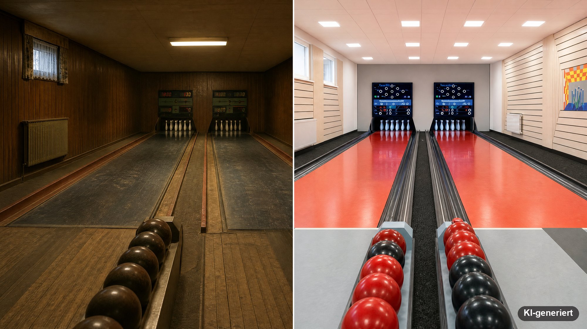 Dieselbe Kegelbahn vorher und nachher: links dunkler 80er-Jahre-Keller, rechts modern mit roter Lauffläche und LED-Anzeige (KI-generierte Darstellung)